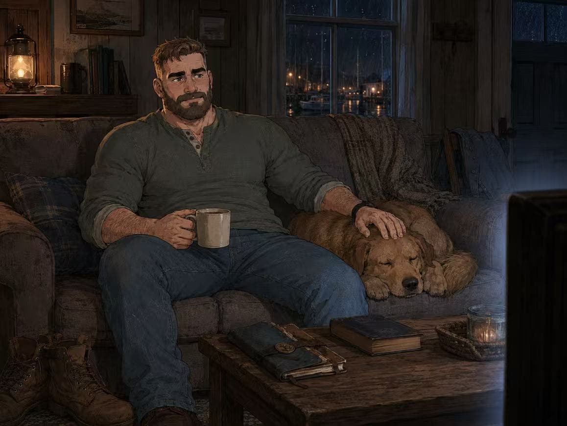 Rowan at home at night, dog asleep beside him