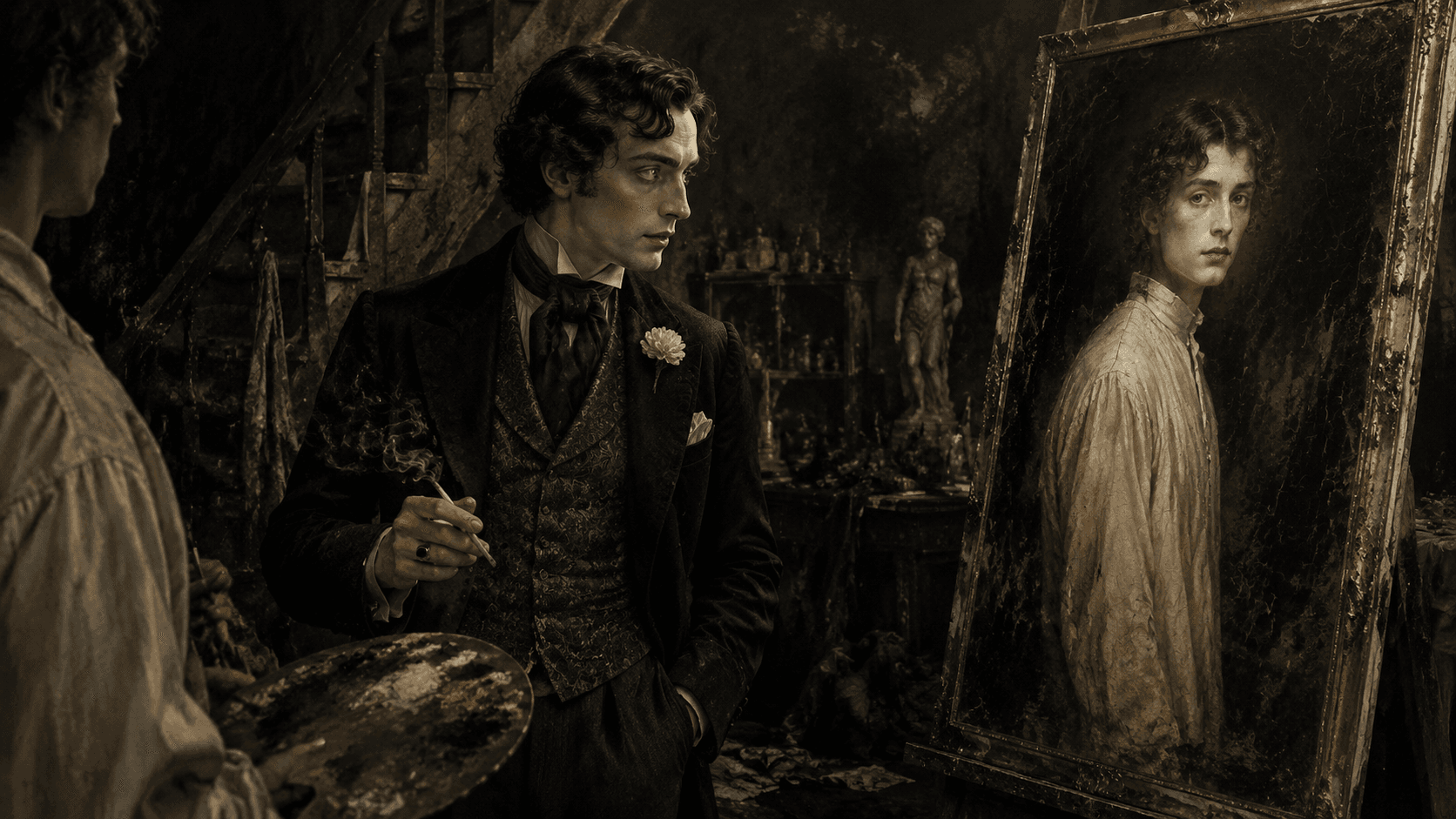 A well-dressed man with a cigarette turns toward a glowing portrait, his smile sharpening as the canvas catches the only light in the room.