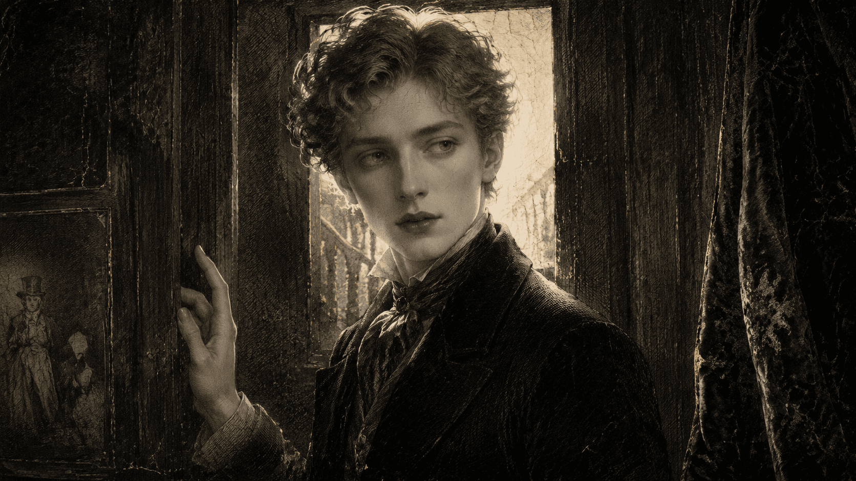 A young man pauses in a dark doorway, his face softly backlit like a figure stepping out of an old Italian altarpiece; a fold of velvet screen is just visible at the frame's edge.