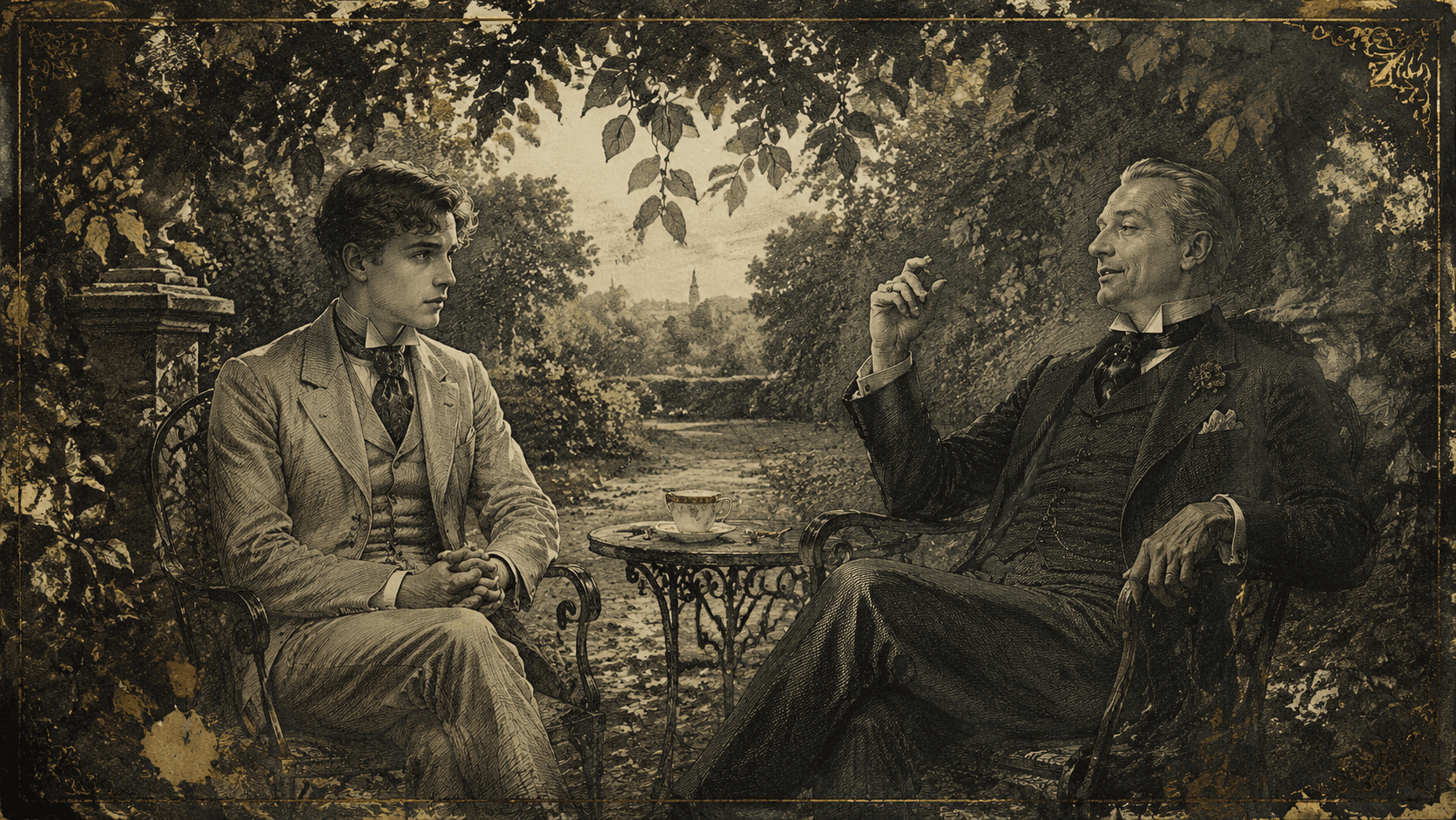 Wide view of a Victorian garden: an older well-dressed man lectures a younger seated listener beneath a leafy canopy, dappled afternoon light, teacup between them.