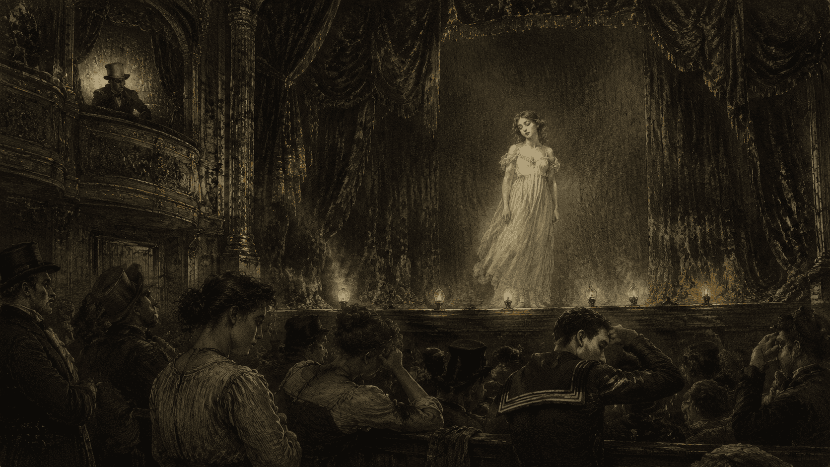 Wide interior of a dim Victorian playhouse. A slight young woman in a pale gown stands center stage under hissing gas jets, almost translucent against a moth-eaten blood-red curtain. In the pit below, clerks, shopgirls, and a sailor drowse. High in a private box, a small male silhouette slouches in shadow, watching.