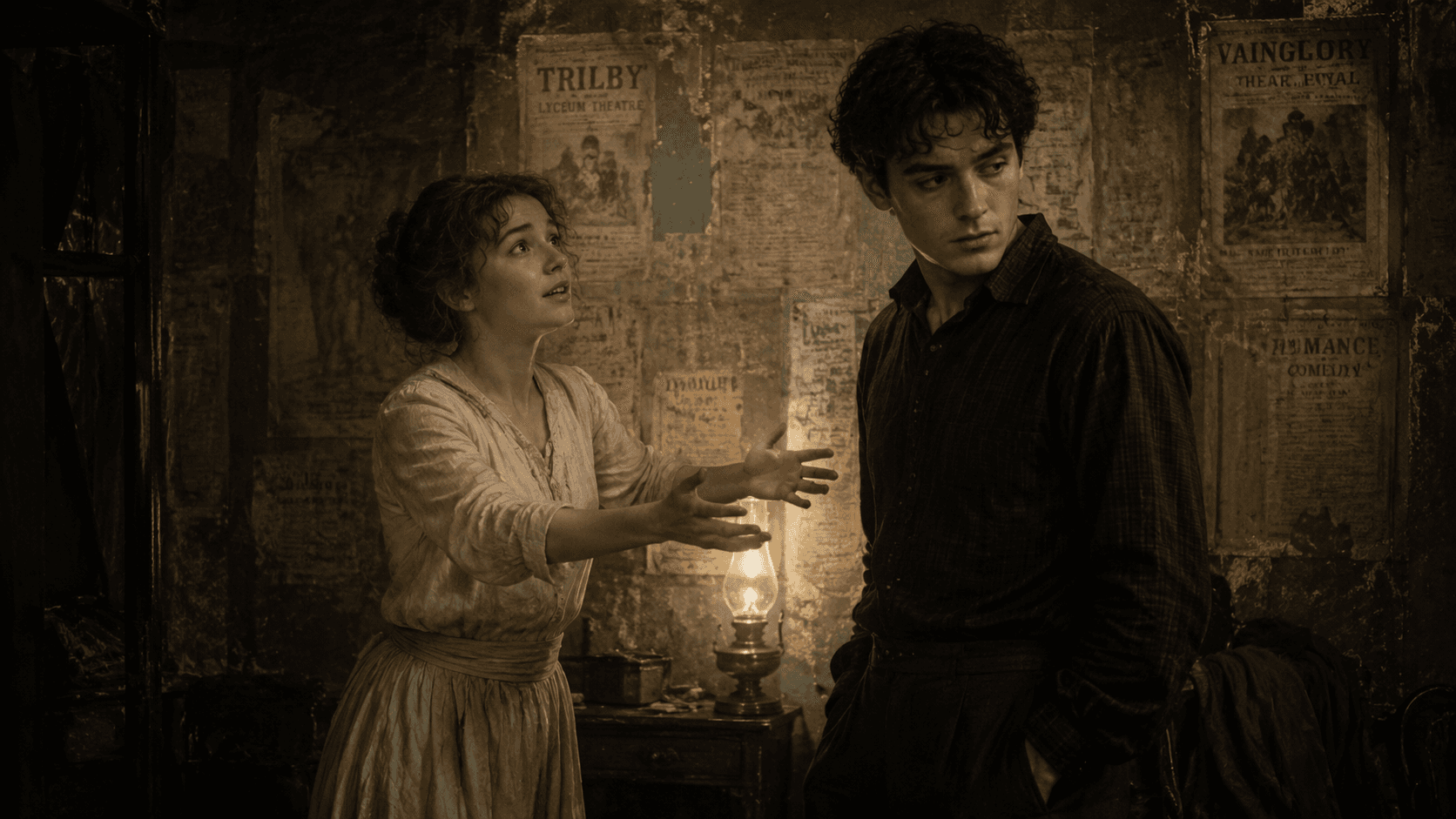 Close shot in a papered greenroom, a slight young actress reaching both hands toward a young man in a flannel shirt whose gaze drifts past her shoulder