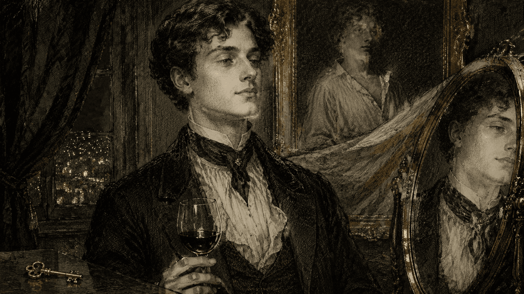 Close-up of a beautiful young man before a mirror holding a glass of red wine, with a large gilt-framed portrait behind him and a small key on the dressing table.